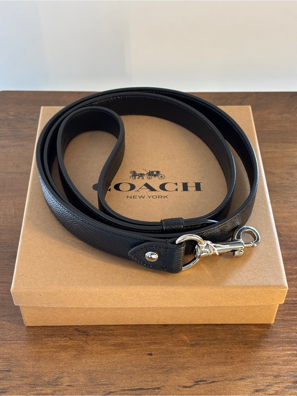 Coach Black Leather Pet Leash with Silver Hardware For Large Dogs